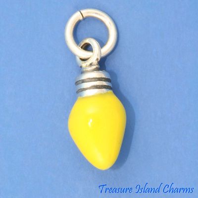 Yellow Enamel Christmas Light Bulb 3D 925 Solid Sterling Silver Charm 11mm