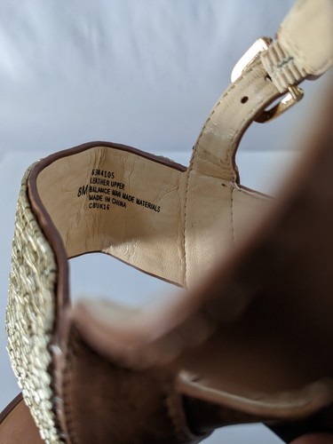 Isola Sandals Brown Leather 8 Matte Gold Beaded Stacked Heel Adjustable Strap - Picture 5 of 7