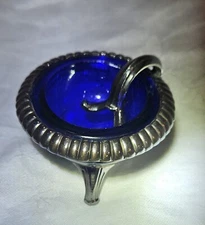 1940s Silverplate OPEN SALT CELLAR, Cobalt Blue Glass, Weidlich Bros. - WB 3938