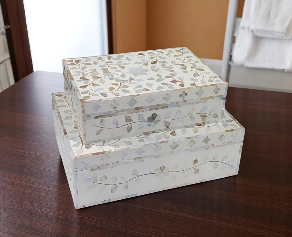 Set Of 2 Mother of Pearl Inlay Decorative Box Set – Handmade Jewelry Boxes - Image 3 of 4