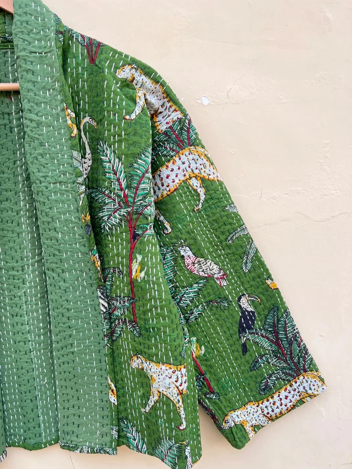 Cotton Kantha quilted Short Jacket Handmade floral Print coat for Women Kimono - Image 2 of 4