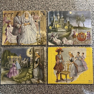 4 Vintage Cinderella Tray Puzzle Set 1954 SIFO Cottagecore Art Wedding Castle