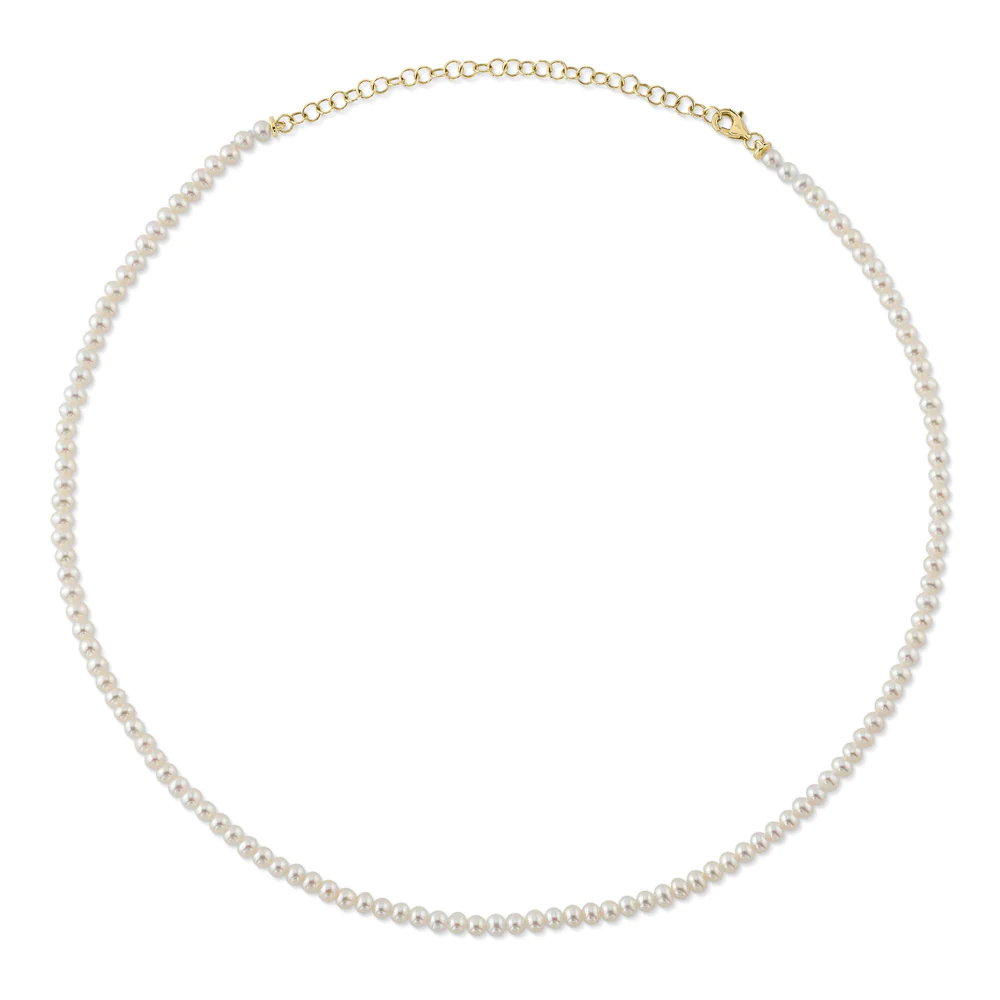 14K Yellow Gold Pearl Tennis Necklace Cultured 3-4 mm Adjustable