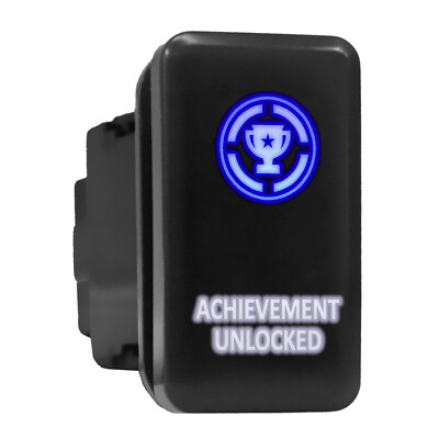 ACHIEVEMENT UNLOCKED Blue/White LED Tall Push Button 1.54''x 0.83'' (Fit: Toyota)