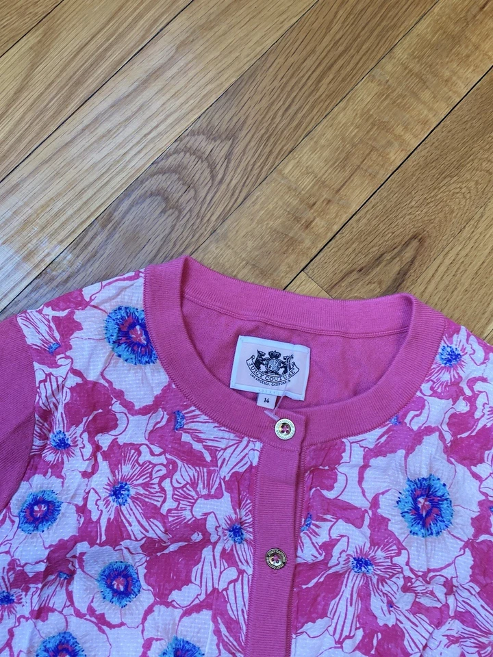 Juicy Couture Niñas Talla 14 Suéter Cárdigan Top Botón Rosa Azul Floral Foto 3 de 4