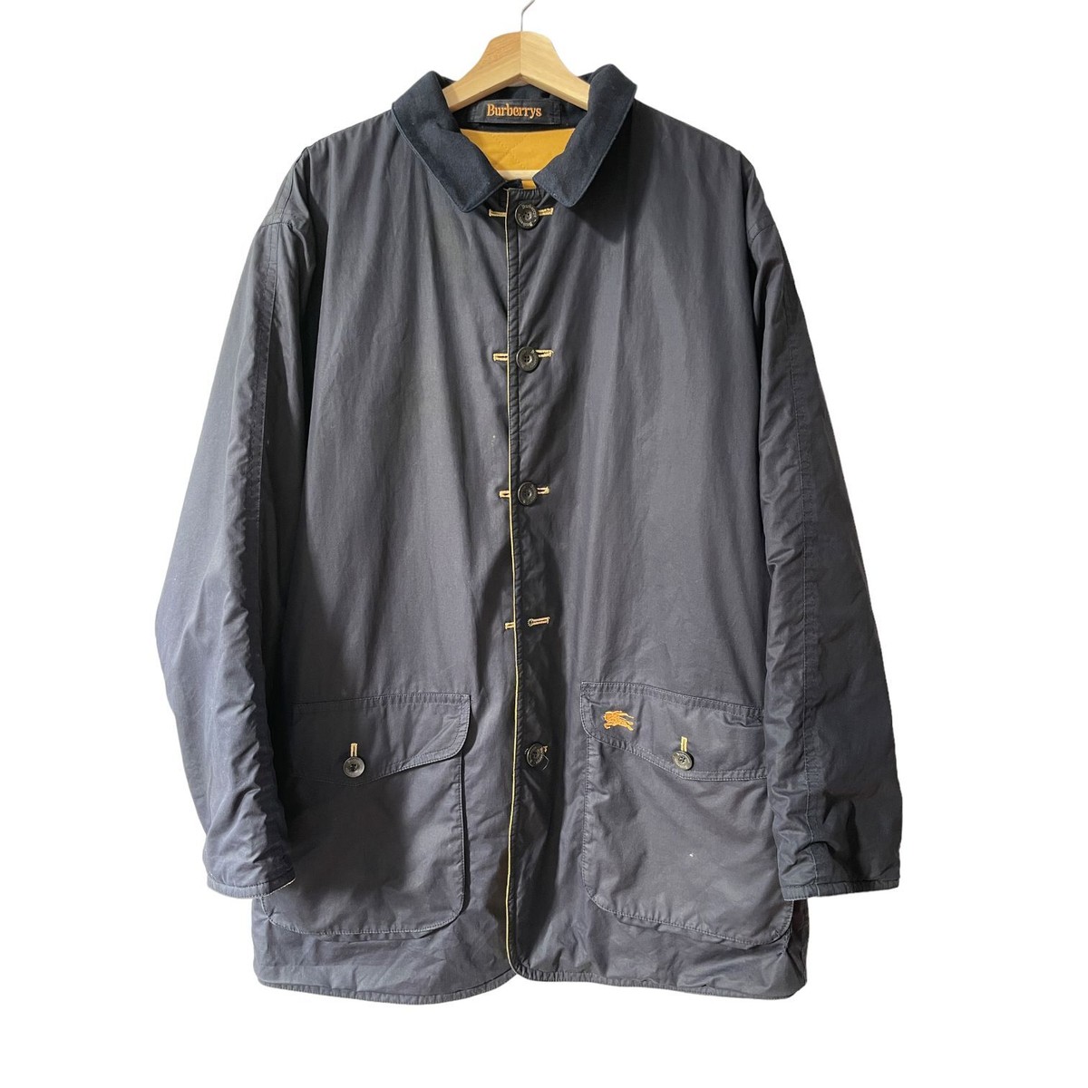 Vintage Burberry Reversible Navy Yellow Quilted Jacket Padded Buttoned  Mens XL