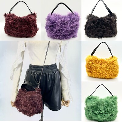 New Women's 100%Handmade Soft Genuine Sheepskin Fur Boho Bag Fabric Lined Size S