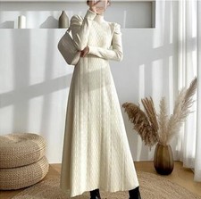 Women's High Waist Knitting Dress Long Sleeve High Collar A-line skirt Fashion 