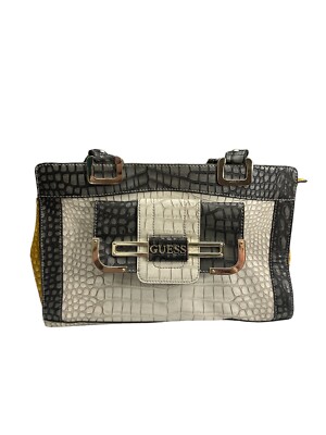 Guess Rhonda Croc Tote Bag Laptop Work Bag Ivory Gray And Mustard