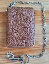 Western Leather Credit Card Wallet Zip Around Biker Wallet W/ Chain Tan Flower