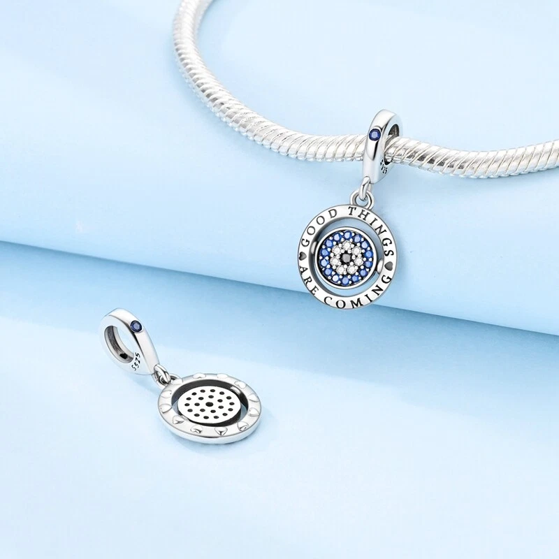 MULA 925 Sterling Silber DIY Charm Blau CZ Glückliche Runde Dangle Für Armband - Bild 4 von 4