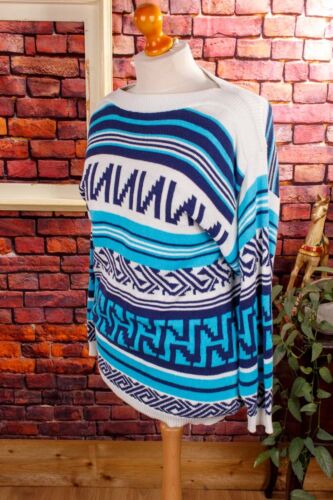 Maglione maglia vintage originale anni 90 blu bianco fantasia marittima mediterranea M L - Foto 3 di 4