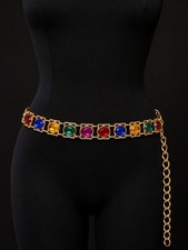 VTG 80s Taiwan Multicolor Oval Jelly Belly Jewel Cabochon Chain Belt Gold Tone