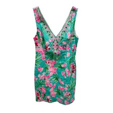 Lilly Pulitzer Teal Pink Floral Embroidered V-Neck Shift Dress Size 6