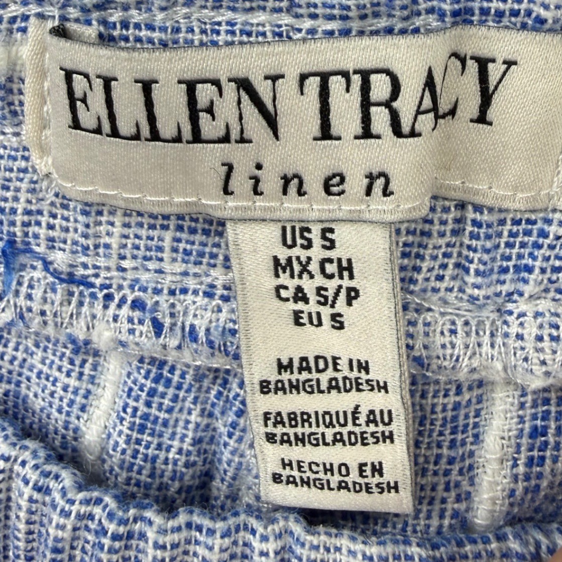 Ellen Tracy Linen Blend Striped Shorts Womens Small Blue White Elastic Waist image 2