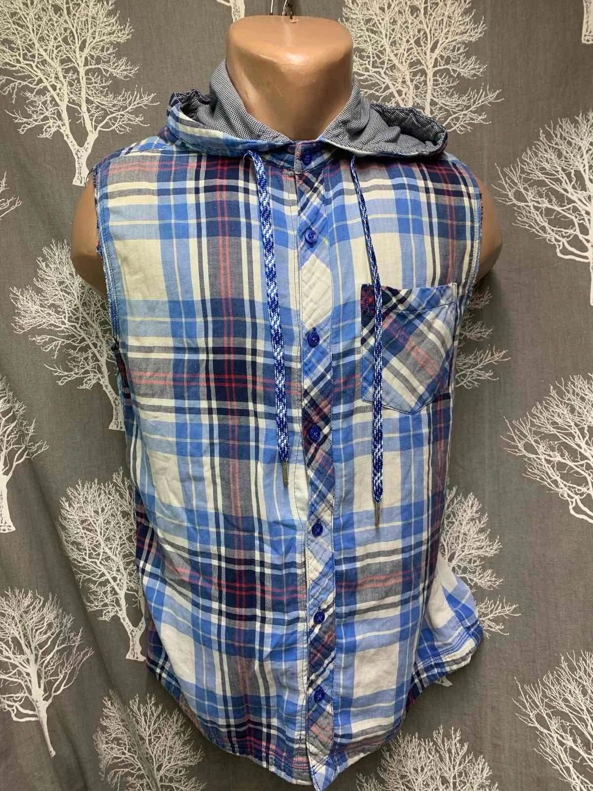Adidas NEO Label Plaid  Vintage Sleeveless Hooded Shirt Vest Blue Check 2010,S. image 1