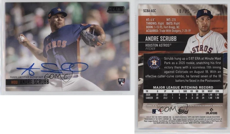 2021 Topps Stadium Club Black Foil 10/25 Andre Scrubb #SCBA-ASC Rookie Auto RC - Image 3 of 3