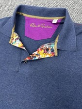 Robert Graham Polo Shirt Men s Medium Blue Classic Fit Floral Trim Short Sleeve