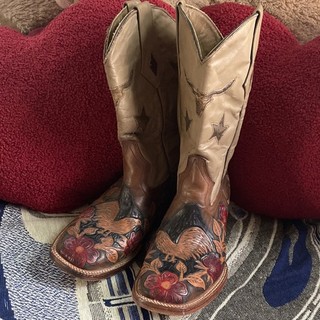 Leather Western Cowboy Boots Tan/Brown Floral Tooled Star Stitching Pull On