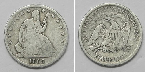 X7283 1866-S w/motto Liberty Seated Half Dollar 50c, VG