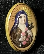 St Therese Of Lisieux Glass Cameo Style Gold Tone Brooch Pin Antique