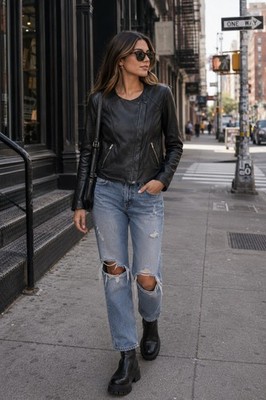 VEDA Dali Smooth Leather Moto Biker Jacket in Black Contemporary Women's Medium
