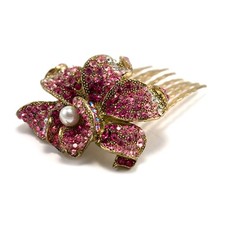 Hand Made Hair Jewelry Elaborate swarovski crystal Flower Hair Bridal Comb, Pink
