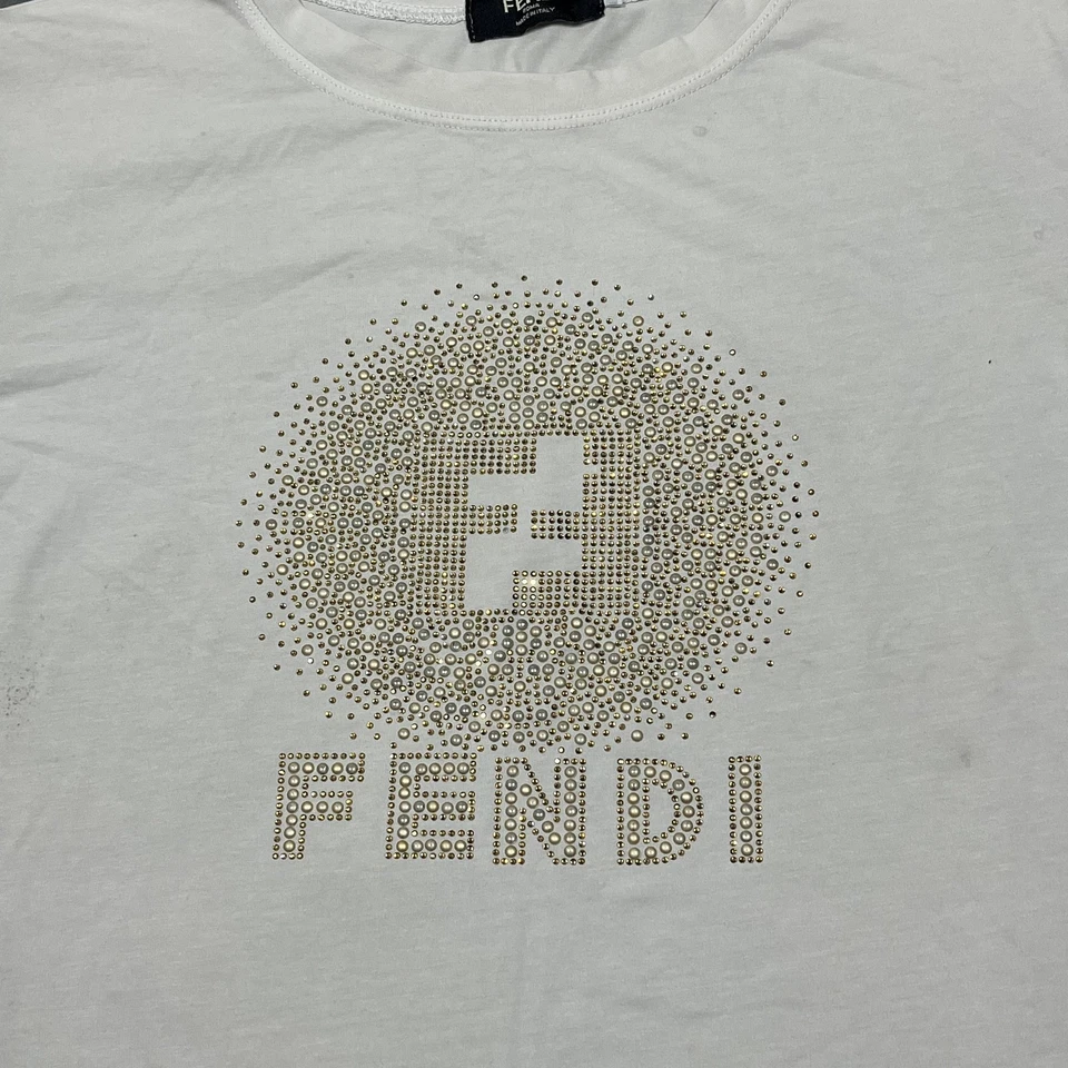 Fendi Shirt Womens Large White Rhinestone FF Logo Short Sleeve Made in Italy - Image 2 of 4