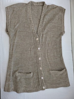ärmellos Strickweste Leinen/Rayon  Gr. 40 hellbraun 2 kleine Taschen L 66 cm
