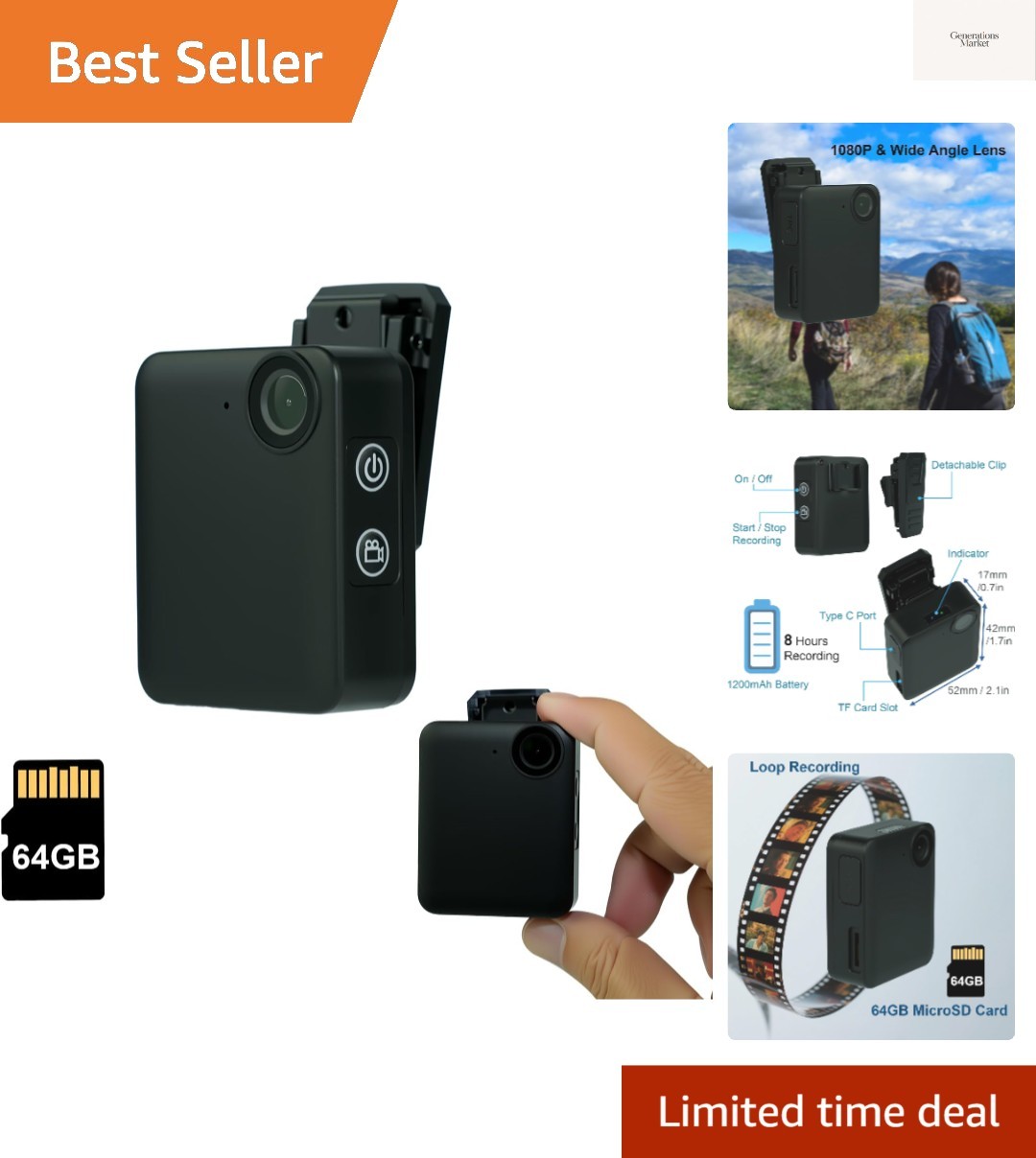 Body Camera 1080P 64GB Mini Wearable Body Cam, Small Size Cl