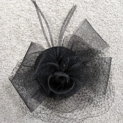 Black Rose Fascinator Birdcage Veil Hair Comb Wedding Races Funeral Hairpiece - Image 1 of 3