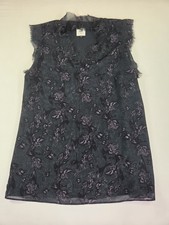 Cabi XS Chiffon V Neck Blouse BLACK Bird Purple Floral