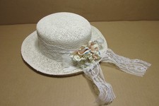 VINTAGE LADIES SUMMER STRAW HAT w/ LACE BAND  PINK FLOWER