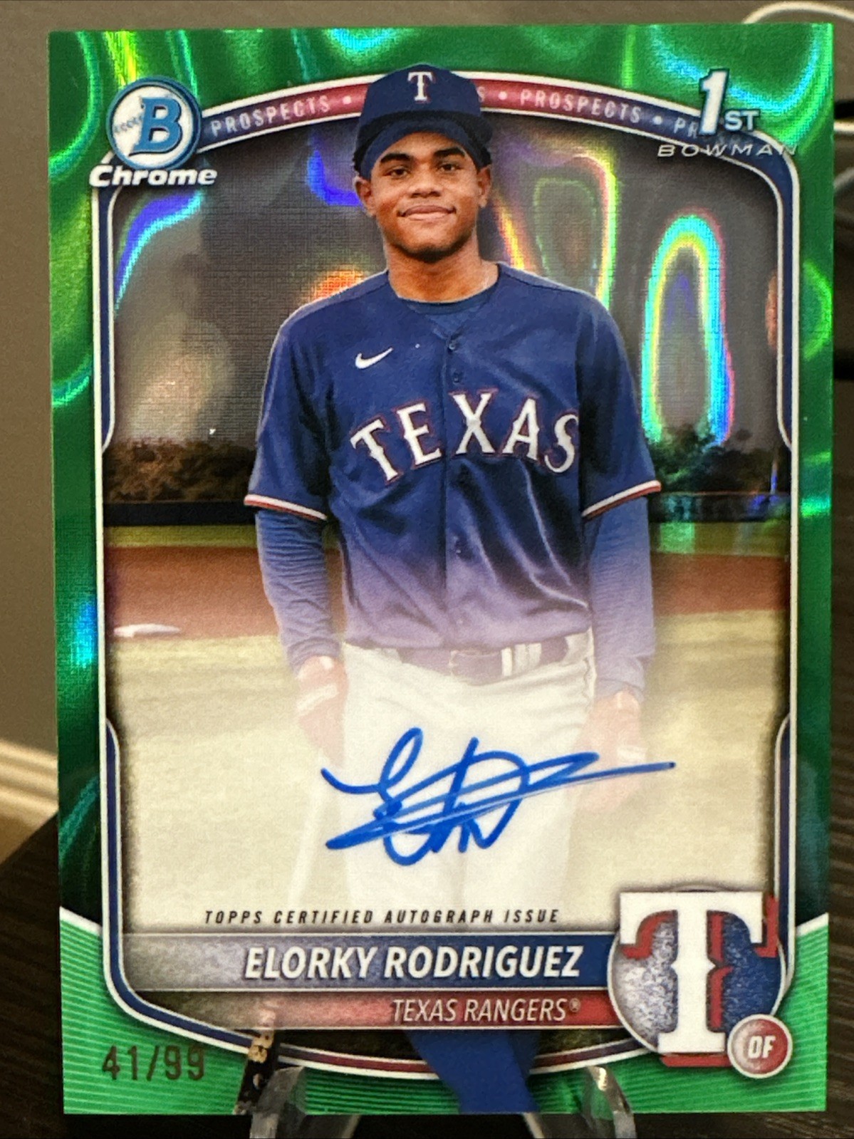 2025 Bowman Chrome Elorky Rodriguez - 1st Chrome Prospect Green Lava Auto /99