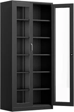 VINGLI Lockable Display Cabinet with Glass Doors & 5 Adjustable Shelves, 71" Tal