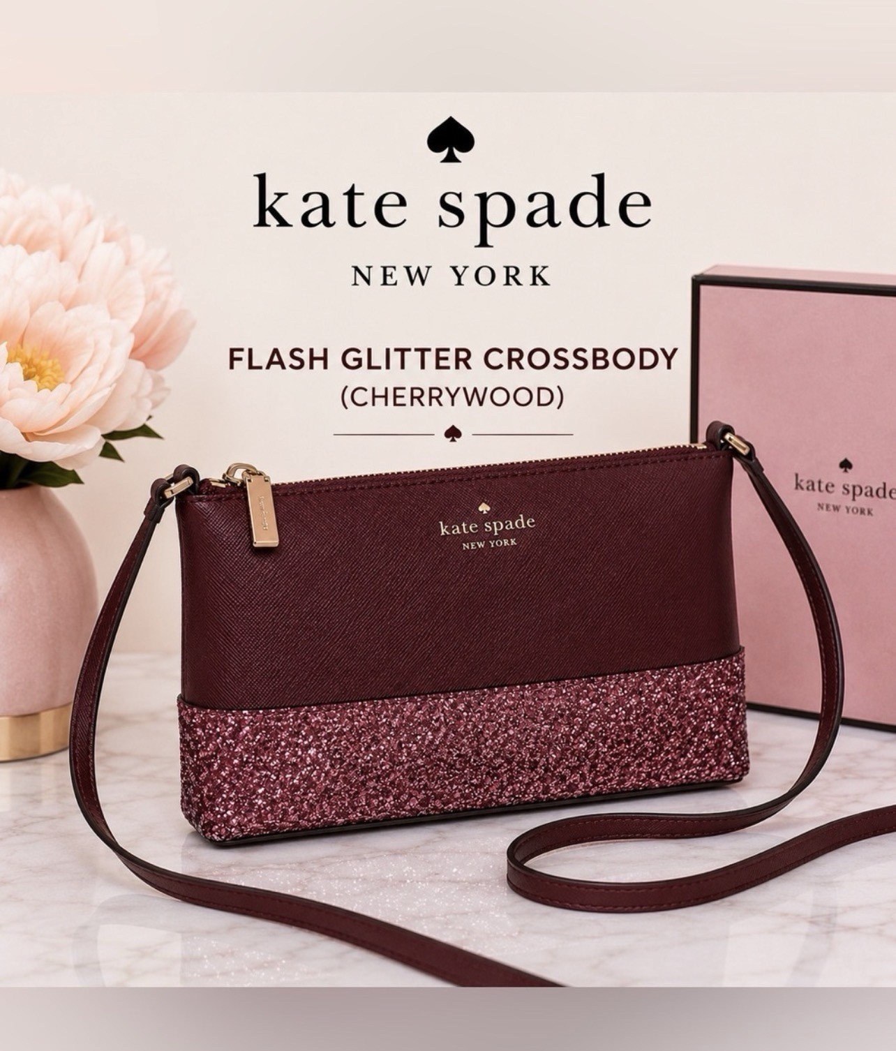 kate spade new york Flash Glitter Crossbody Zip Bag Burgundy Pink Det Strap