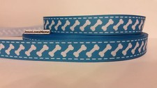 Grosgrain Ribbon, White Dog Bones on teal blue aqua with stitches, 7/8" Wide