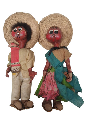 Vintage Mexican Folk Art Dolls - Senior and Senorita w/ Sombreros