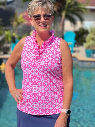 Lulu B Women's Ruffle V-Neck Tank Top pink/white GHBP Size XL UPF 50+ - Picture 3 of 8