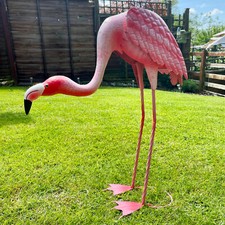 Metal Flamingo Garden Ornament Pink Tall Head Down Exotic Bird Outdoor Sculpture