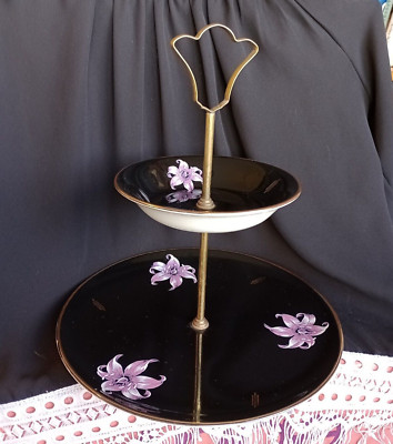 Palissy 'Orchidee' Kuchen & Süßigkeitenständer zwei Ebenen schwarz mit rosa Orchideen & Gold sehr guter Zustand