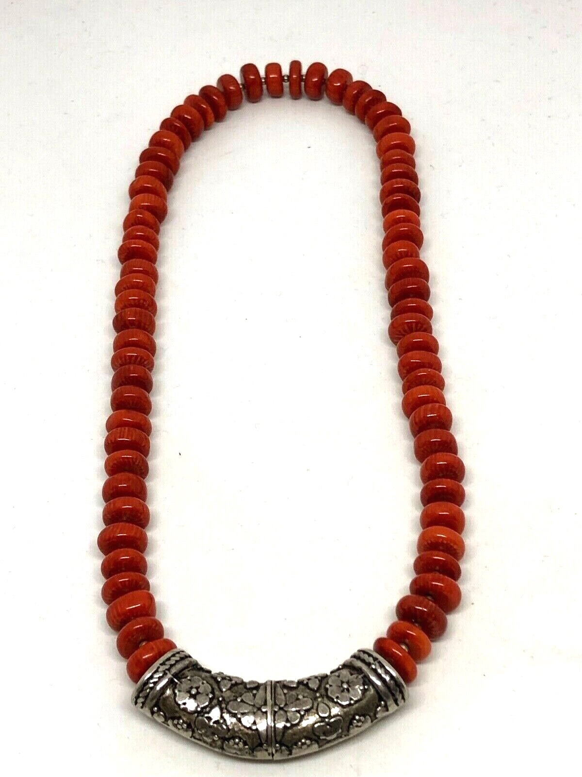 Navajo Handmade Sterling Silver Apple Coral Disk Bead Necklace