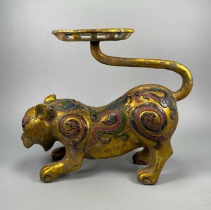 OLD ANTIQUE CHINESE GILDING BRONZE TIGER LAMP (K1226)