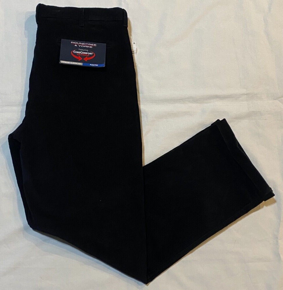 NWT-Round Tree & Yorke Mens Classic Fit pleated Corduroy Cuffed Pant-Black-38x30