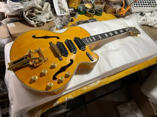 Hot Sale Yellow ES5 Arch Top Hollow Body Electric Guitar Jazz Bridge Flamed Back