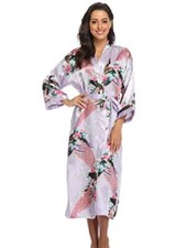 DeLuoKe Women's Long Style Printed Satin Silk Kimono Robe Sleepwear Size 3XL