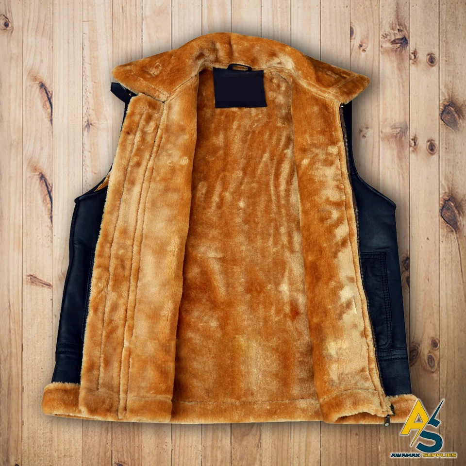 Men's Aviator RAF B3 Real Shearling Bomber Flying Vest New Arrival 2XS -  4XL - Image 3 of 4