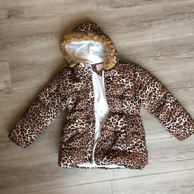 Girls Puffer Jacket Animal Print Winter Rain Coat Size 5y Brown