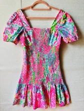 NEW*LILLY PULITZER EVELINA PINK PARADISE FOUND SMOCKED RUFFLE SKIRT DRESS*S