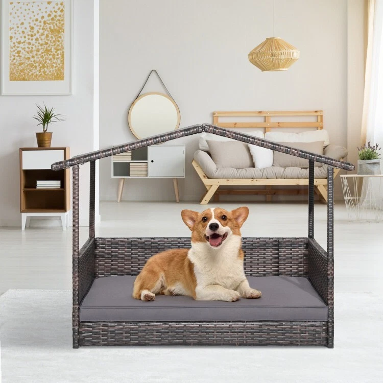 Casa de mimbre para perros con cojín salón cama elevada de ratán para interior/exterior gris Foto 3 de 4